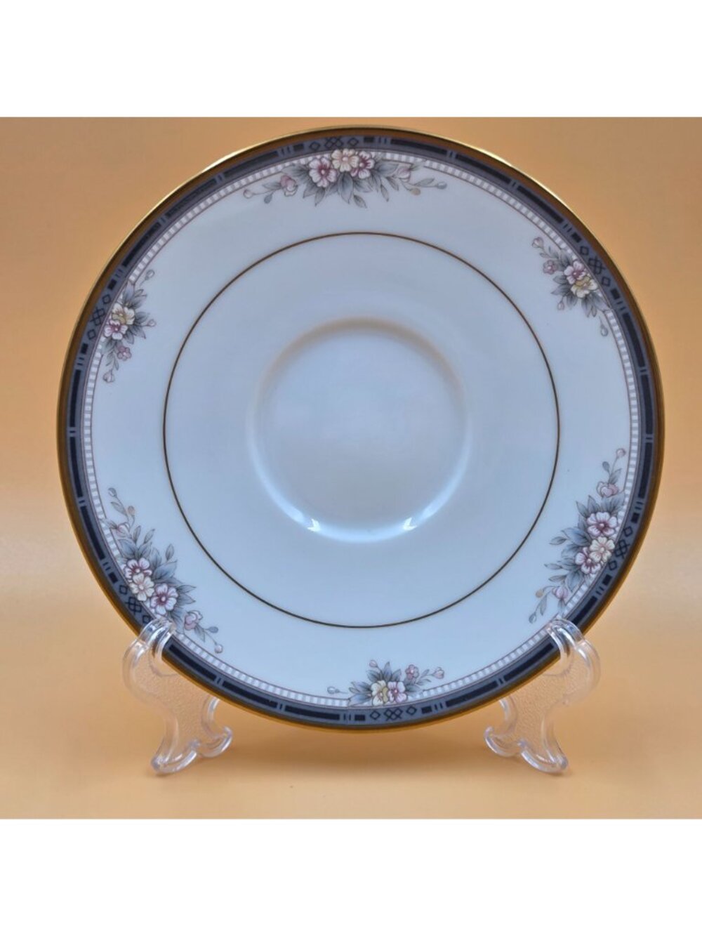 Noritake Ontario Footed Cup and Saucer Set of 3 Blue Gray Band White Pink Flower - Picture 5 of 16